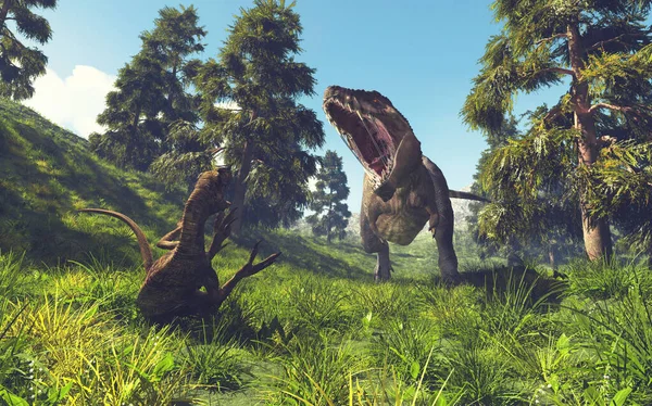 Tyrannosaurus Rex Atacando Oviraptor Floresta Esta Uma Ilustração Renderização — Fotografia de Stock