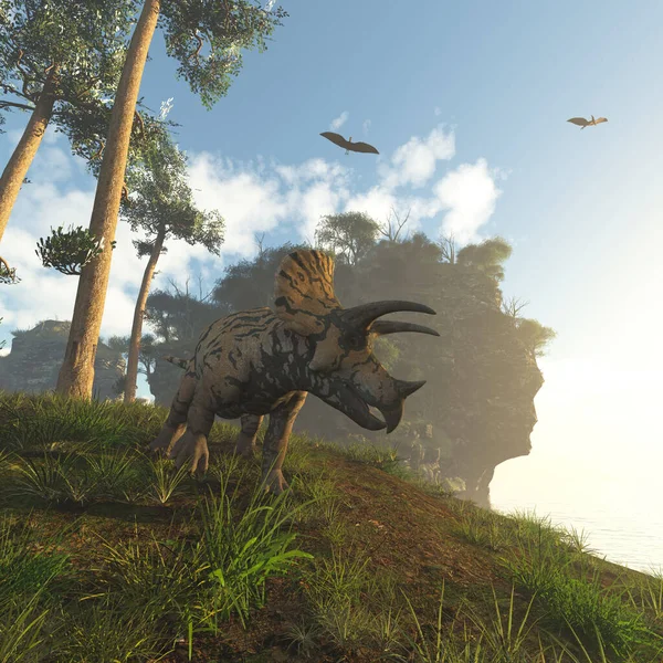 Triceratops Costa Pterodáctilo Volando Esta Una Ilustración Renderizado — Foto de Stock