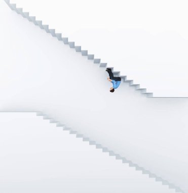 Merdivende baş aşağı oturan kafası karışmış bir adam. Bu 3 boyutlu bir çizim. .