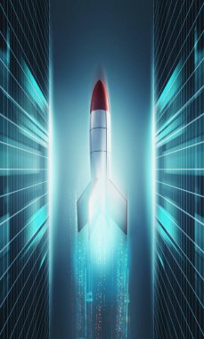 Roket füzesi sunucu odasında uçuyor. Yenilik ve fütüristik kavram. Bu 3 boyutlu bir çizim. . 