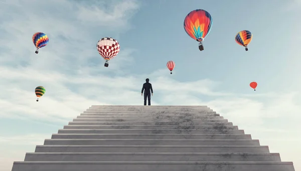 Empresário Cima Das Escadas Olhar Para Balões Quente Esta Uma — Fotografia de Stock