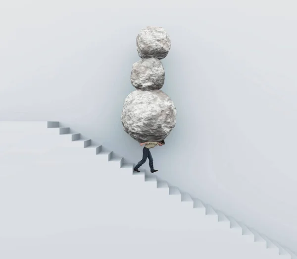 Man carries a heavy load of stones on stairs . Multiple tasks and stress concept . This is a 3d render illustration .