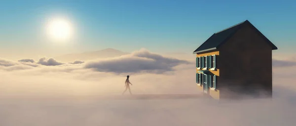 Hombre Caminando Casa Sobre Las Nubes Concepto Casa Ensueño Esta —  Fotos de Stock