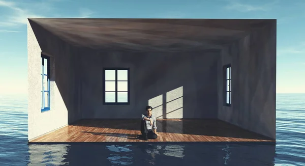 Человек Сидящий Комнате Океане Dream House Property Concept Render Illustration — стоковое фото
