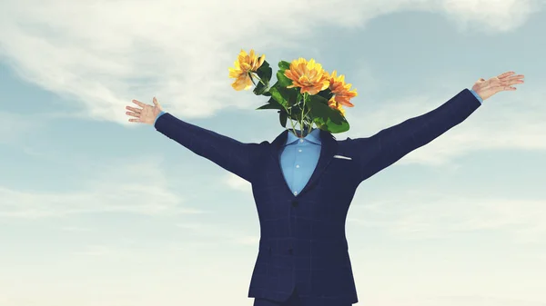 Blumen Statt Kopf Und Erhobene Hände Positive Einstellung Und Glückskonzept — Stockfoto