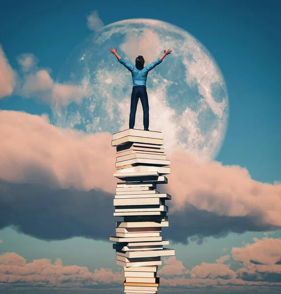Bir yığın kitabın üzerinde elini kaldırmış bir adam. Burs ve eğitim konsepti. Bu 3 boyutlu bir çizim. . 