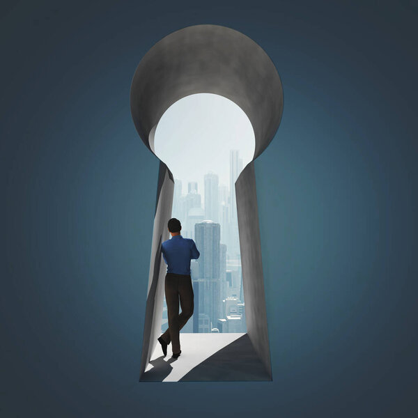 Businessman Keyhole City Render Illustration — Stock Photo, Image