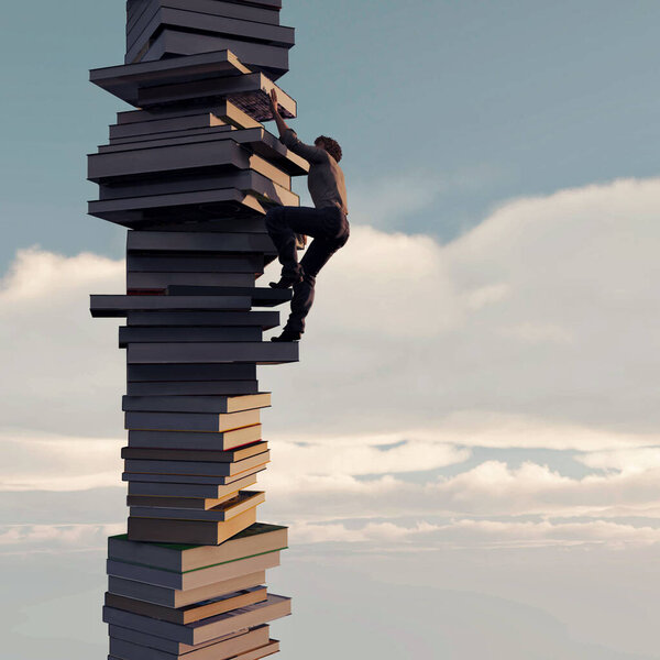 Man Climbs Stack Books Scholarship Education Concept Render Illustration — Stock Photo, Image
