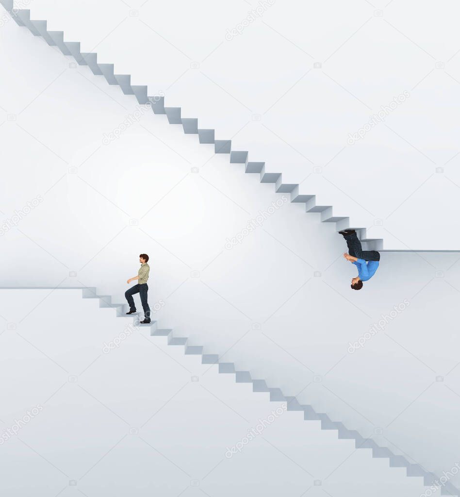 Confused man sitting on stairs upside down while one go up on the stairs . Different expectation and way concept . This is a 3d render illustration . 