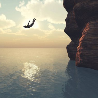 Okyanustaki tropik bir uçurumdan atlayan bir adam. .