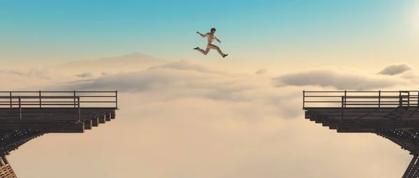 Man jumps over gap of a bridge at high altitude above clouds . Overcoming problems and motivation concept . This is a 3d render illustration .