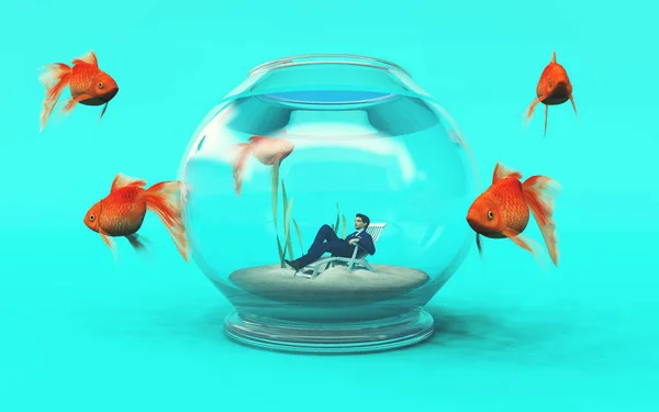 Man inside a fish bowl and golden fish arround . Job recruit concept This is a 3d render illustration.