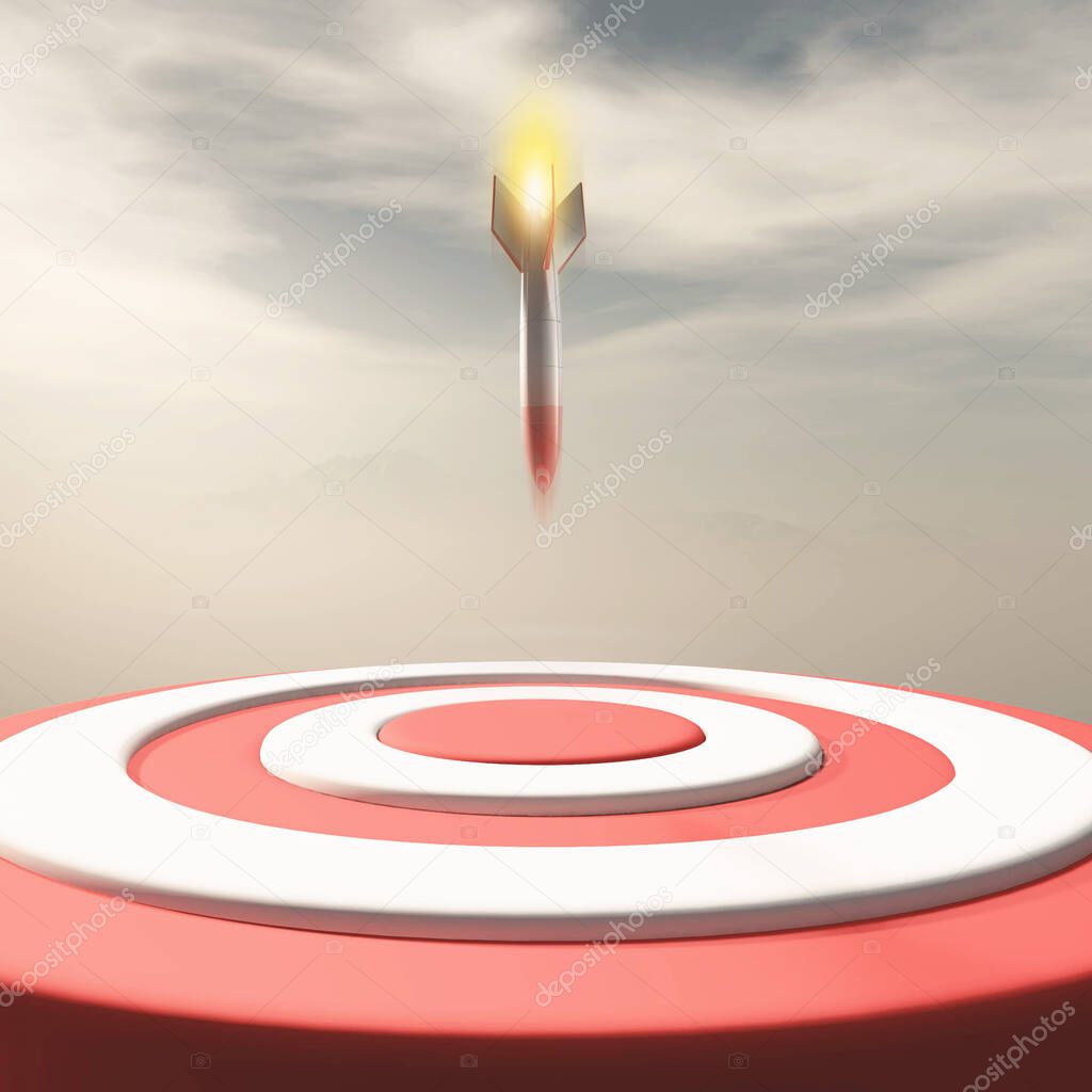 Rocket missle falling to a red target . Target audience and strategy concept . This is a 3d render illustration . 