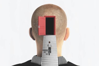 Bir insan kafasında merdivenlerden kapıya yükselen bir adam. Zihin ve açık zihin kavramı. Bu 3 boyutlu bir çizim. .