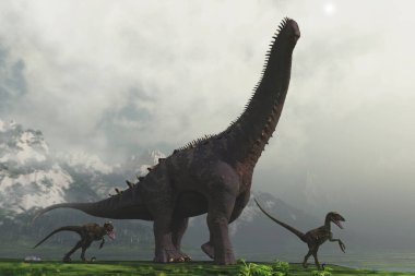 Sisli bir günde Alamosaurus ve iki dinozor dağlarda. Bu 3 boyutlu bir çizim. . 