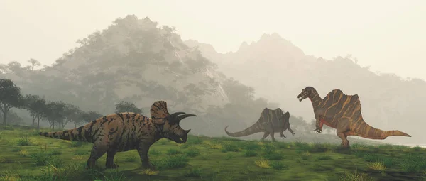Dinossauros Vale Nas Montanhas Esta Uma Ilustração Renderização — Fotografia de Stock