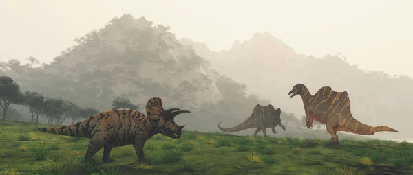 Dinosaurios Valle Las Montañas Esta Una Ilustración Renderizado —  Fotos de Stock