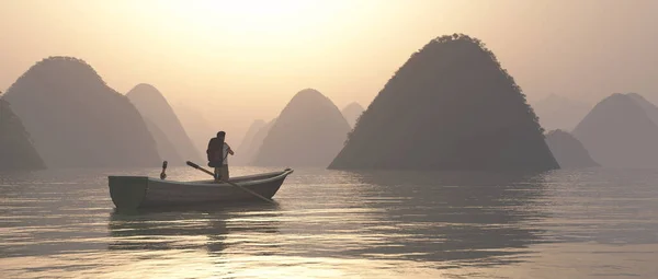 Reiziger Een Boot Het Meer Bij Zonsondergang Dit Een Weergave — Stockfoto