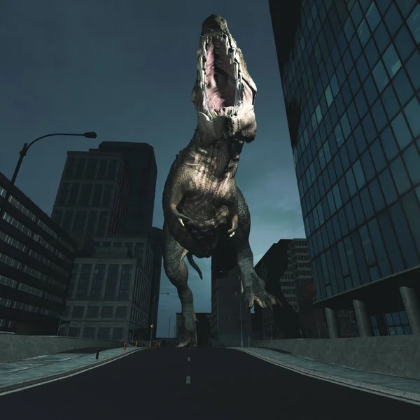 Gigantyczny Rex Biegający Mieście Jest Ilustracja Renderowania — Zdjęcie stockowe