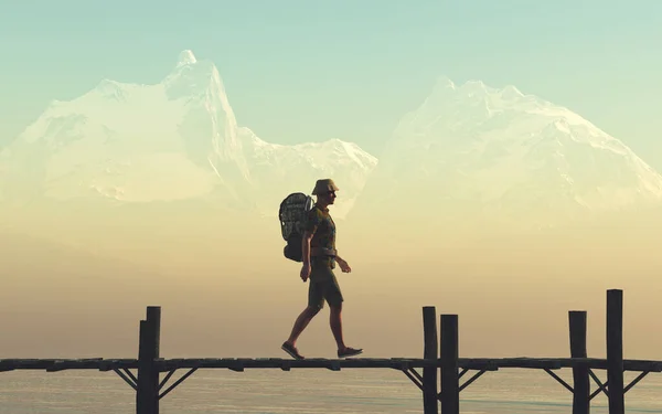 Traveler Backpack Walking Wooden Pontoon Lake Mountains Background Render Illustration — Stock Photo, Image