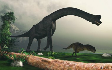 Dağlardaki dinozorlar. Bu 3 boyutlu bir çizim. . 