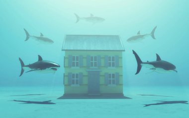 Ev borcu ve sigorta konsepti. Suyun altındaki evde köpekbalıkları var. Bu 3 boyutlu bir çizim. . 