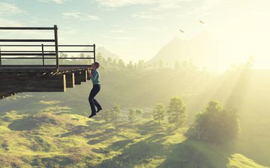 Bozuk bir köprüde asılı duran adam. Bu 3 boyutlu bir çizim. . 