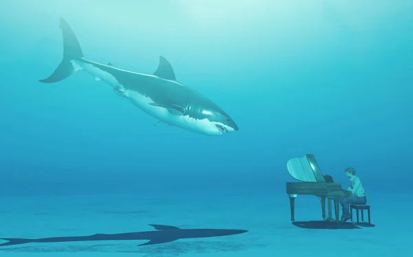 Een Man Die Piano Speelt Onder Water Voor Een Haai — Stockfoto