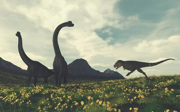 Rex Atakuje Brachiozaura Górach Jest Ilustracja Renderowania — Zdjęcie stockowe