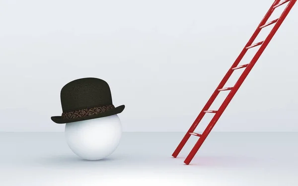 Witte Bol Met Een Hoed Kijkt Omhoog Naar Een Ladder — Stockfoto