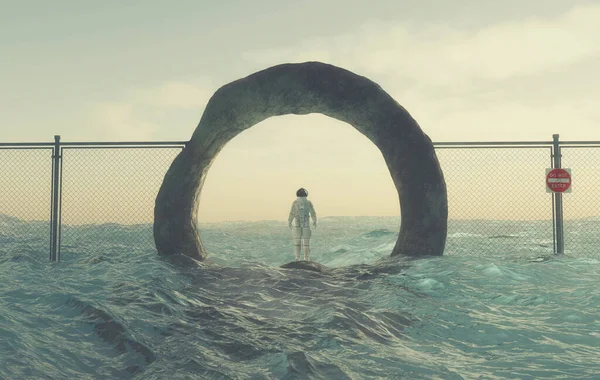 Астронавт Стоїть Скелі Океані Ілюстрація Рендеринга — стокове фото