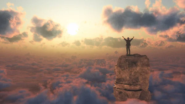 Людина Піднятими Руками Вершині Скелі Над Хмарами Барвистий Захід Сонця — стокове фото