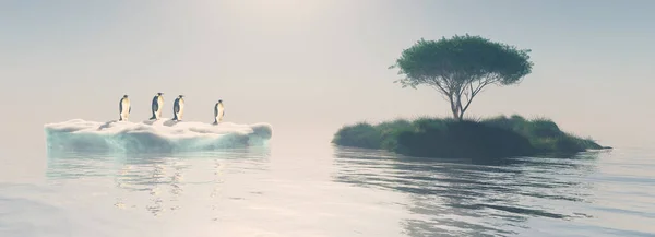 Groep Pinguïns Ijsberg Kijkt Naar Een Boom Opwarmingsconcept Dit Een — Stockfoto