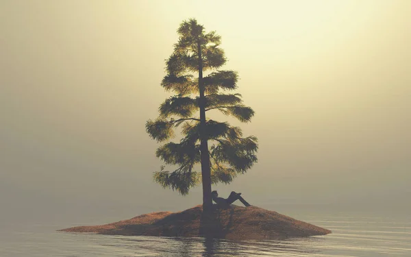 Man Leunend Een Boom Een Klein Eiland Een Meer Dit — Stockfoto