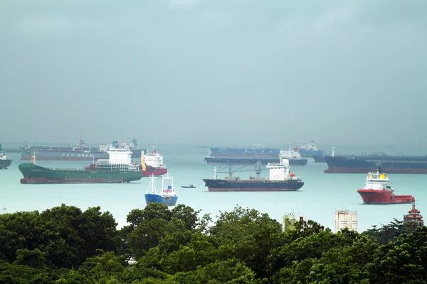 Paisagem da vista das aves dos navios de carga que entram em um dos portos mais movimentados do mundo, Singapura — Fotografia de Stock