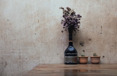 Kuru çiçek kaktüs vintage tarzı ahşap tablo 