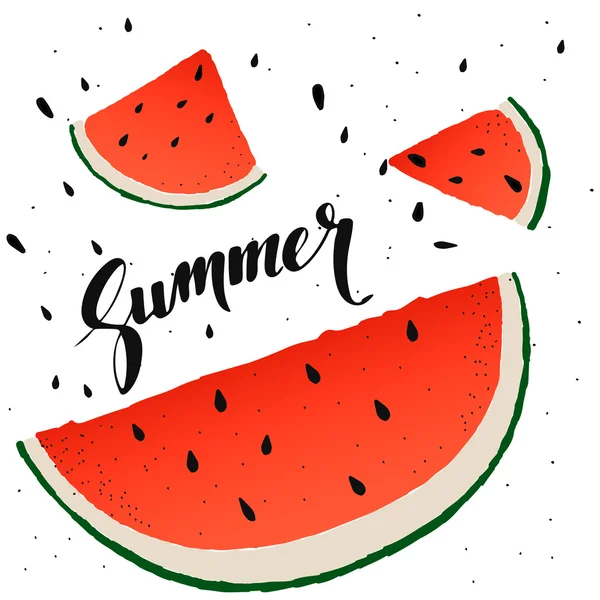 西瓜片背景。用一只手矢量夏天背景绘制切片的西瓜和手刻字"夏天"。矢量. — 图库矢量图片