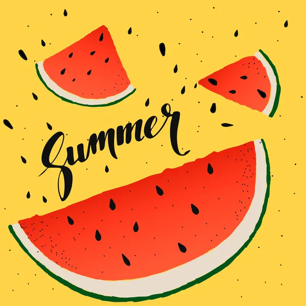 西瓜片背景。用一只手矢量夏天背景绘制切片的西瓜和手刻字"夏天"。矢量. — 图库矢量图片