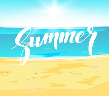 Yaz tatili. Plaj ve tropikal deniz parlak güneş ile. Vektör çizim