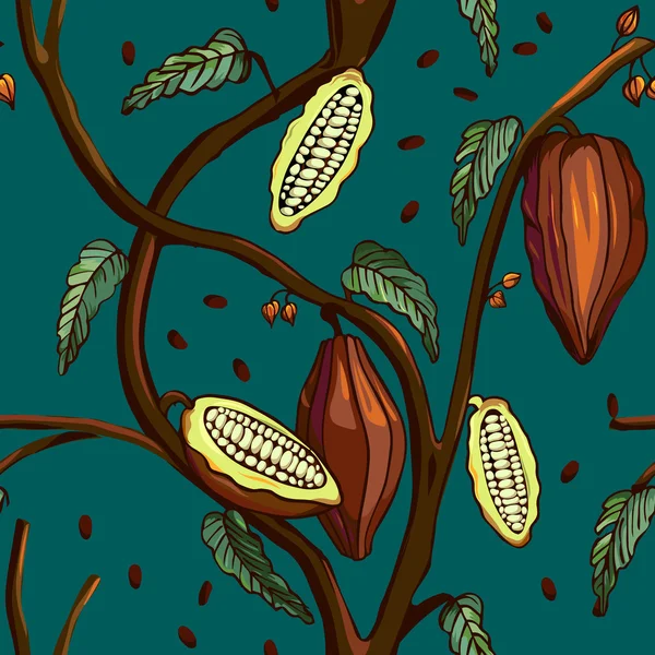 Patrón de árbol de cacao. Fondo sin costuras de árbol de cacao con frijoles y hojas. Ilustración vectorial — Archivo Imágenes Vectoriales