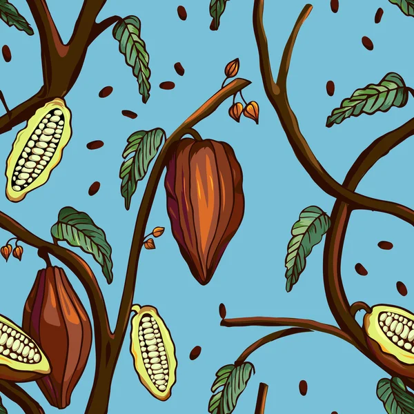 Patrón de árbol de cacao. Fondo sin costuras de árbol de cacao con frijoles y hojas. Ilustración vectorial — Archivo Imágenes Vectoriales