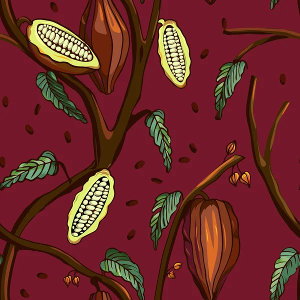 Patrón de árbol de cacao. Fondo sin costuras de árbol de cacao con frijoles y hojas. Ilustración vectorial — Archivo Imágenes Vectoriales