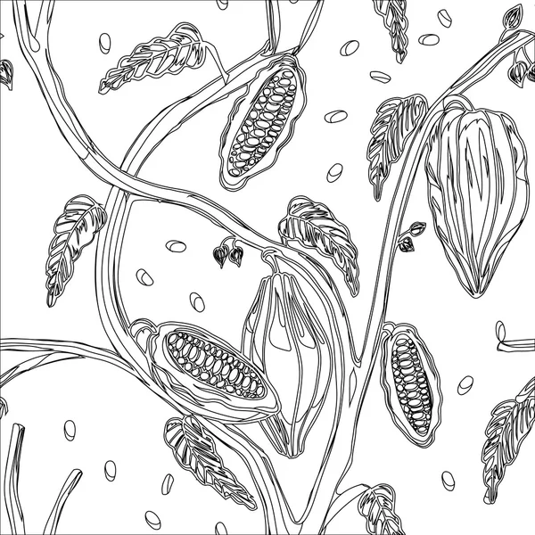 Patrón de árbol de cacao. Fondo sin costuras con frijoles y hojas. Ilustración vectorial — Vector de stock