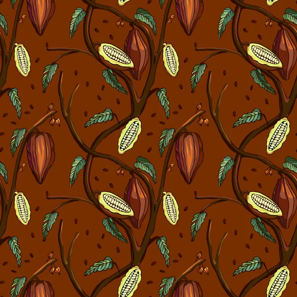 Patrón de árbol de cacao. Fondo sin costuras de árbol de cacao con frijoles y hojas. Ilustración vectorial — Vector de stock