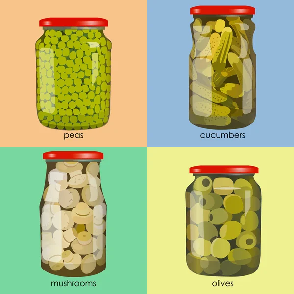 Augurken in potten. Gepekelde realistische groenten. Erwten, champignons, olijven, komkommers. Kleurrijke vector illustratie. — Stockvector