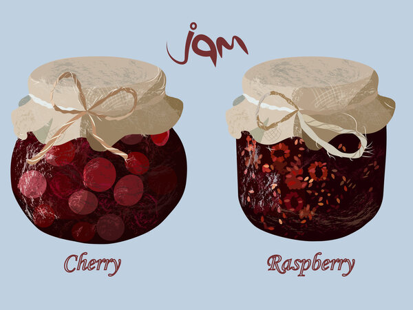 jam in glass jar. Realistic tasty marmalade. Raspberry and cherry set. Beautiful confiture. Vector illustration.