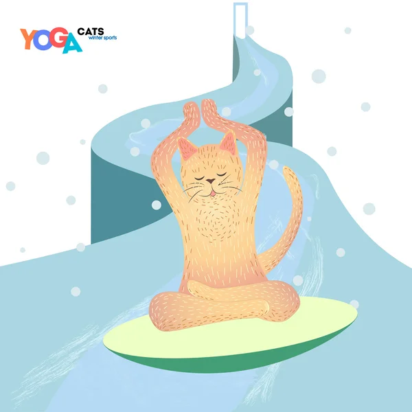 Gato haciendo yoga sobre tabla de hielo. Mascota estilizada en pose. Deportes de invierno divertida escena de dibujos animados Vector ilustración . — Archivo Imágenes Vectoriales