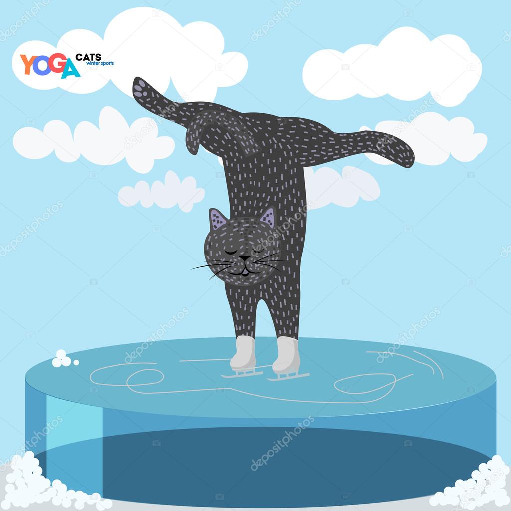 yoga cat. Stylized pet in pose. Winter sports scene of skating on skate. Funny cartoon. Vector illustration.