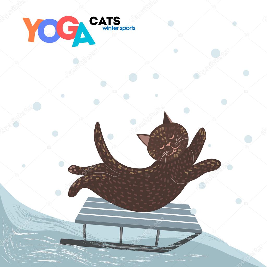 yoga cat. Stylized pet in pose. Winter sports scene of sledding. Funny cartoon. Vector illustration