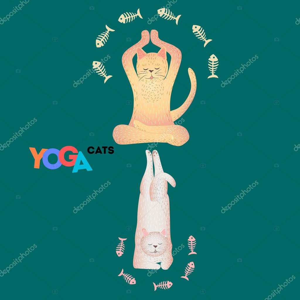 gatti di yoga Animali stilizzati in pose Insieme divertente Animali stilizzati in pose Insieme divertente Colori vivaci Illustrazione